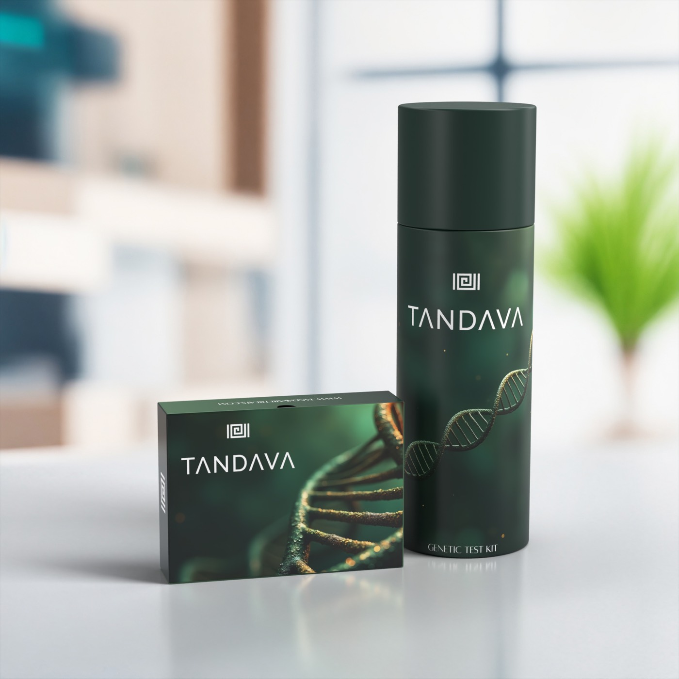 The Tandava Origins genetic test kit: a dark green box and cylindrical tube on a table